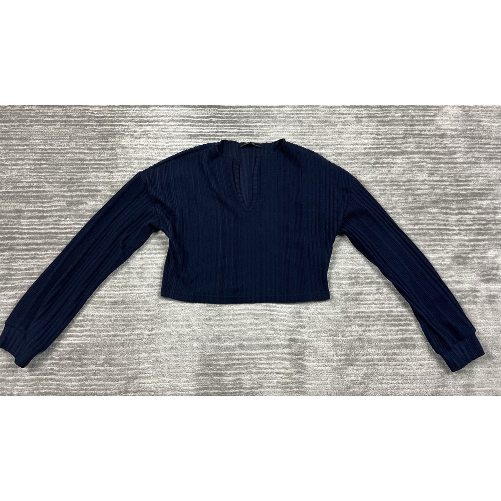 Shein Sweater Womens Medium Blue Cropped Long Sleeve Ribbed‎ V-Neck Polyester